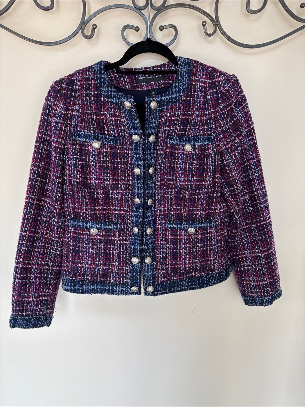 White House Black Market Purple Tweed Jacket with Blue Trim